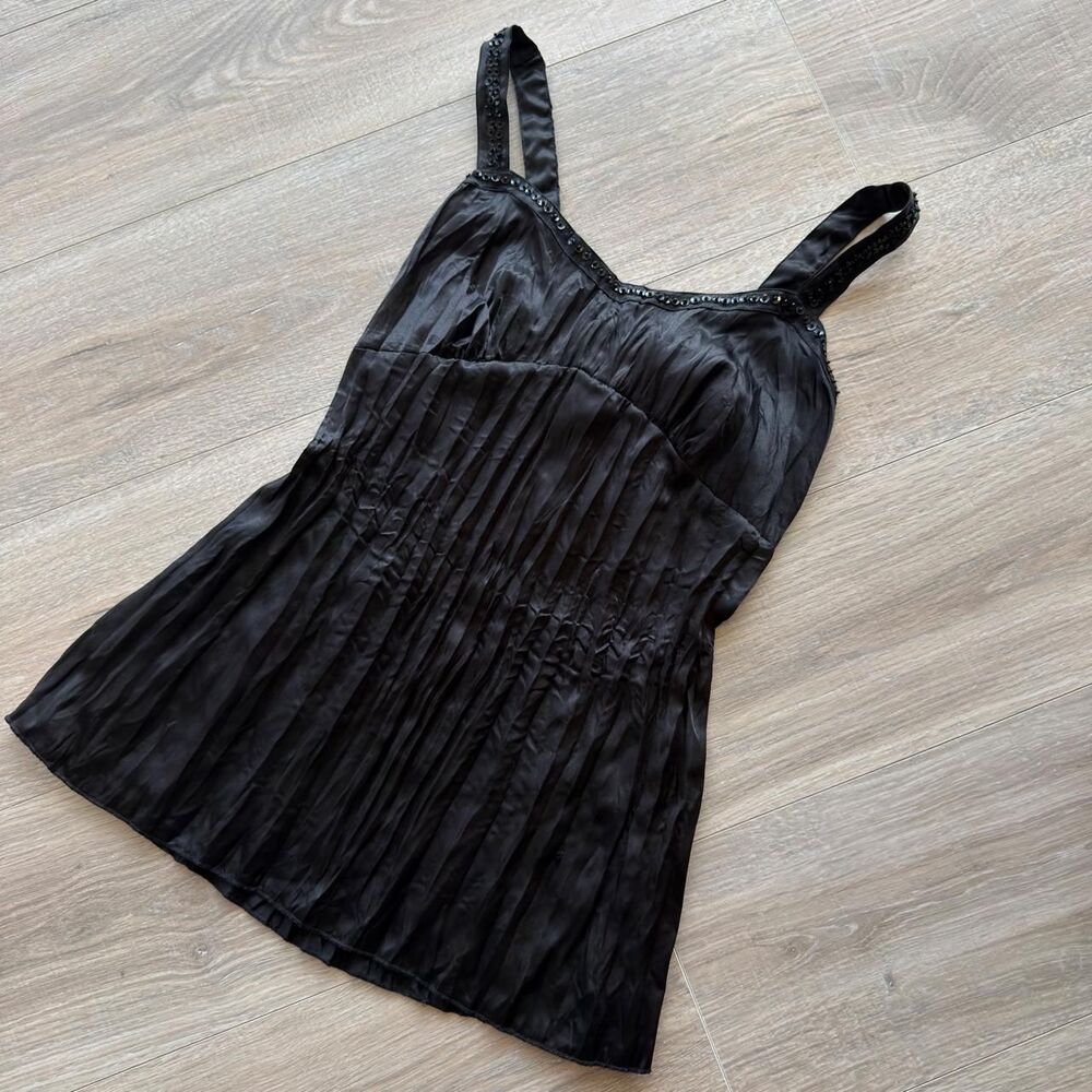 Maurices Women's Small Black Satin Pleated Babydoll Top Beaded Y2K Fairy Goth
